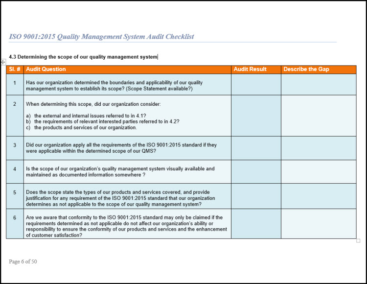 Download Today. Start your ISO 9001:2015 implementation. Use our ISO 9001 Checklist for gap analysis, internal audits, and implementing ISO 9001:2015. $49.00. Satisfaction guaranteed.