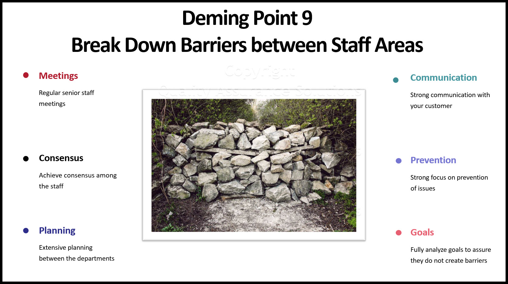 Deming Point 9 focuses on breaking down departmental barriers. 