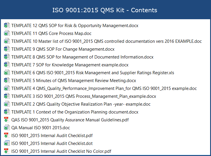 Download Today. Use our comprehensive ISO 9001 2015 QMS Kit to establish your Quality Management System and meet ISO 9001:2015 requirements.
