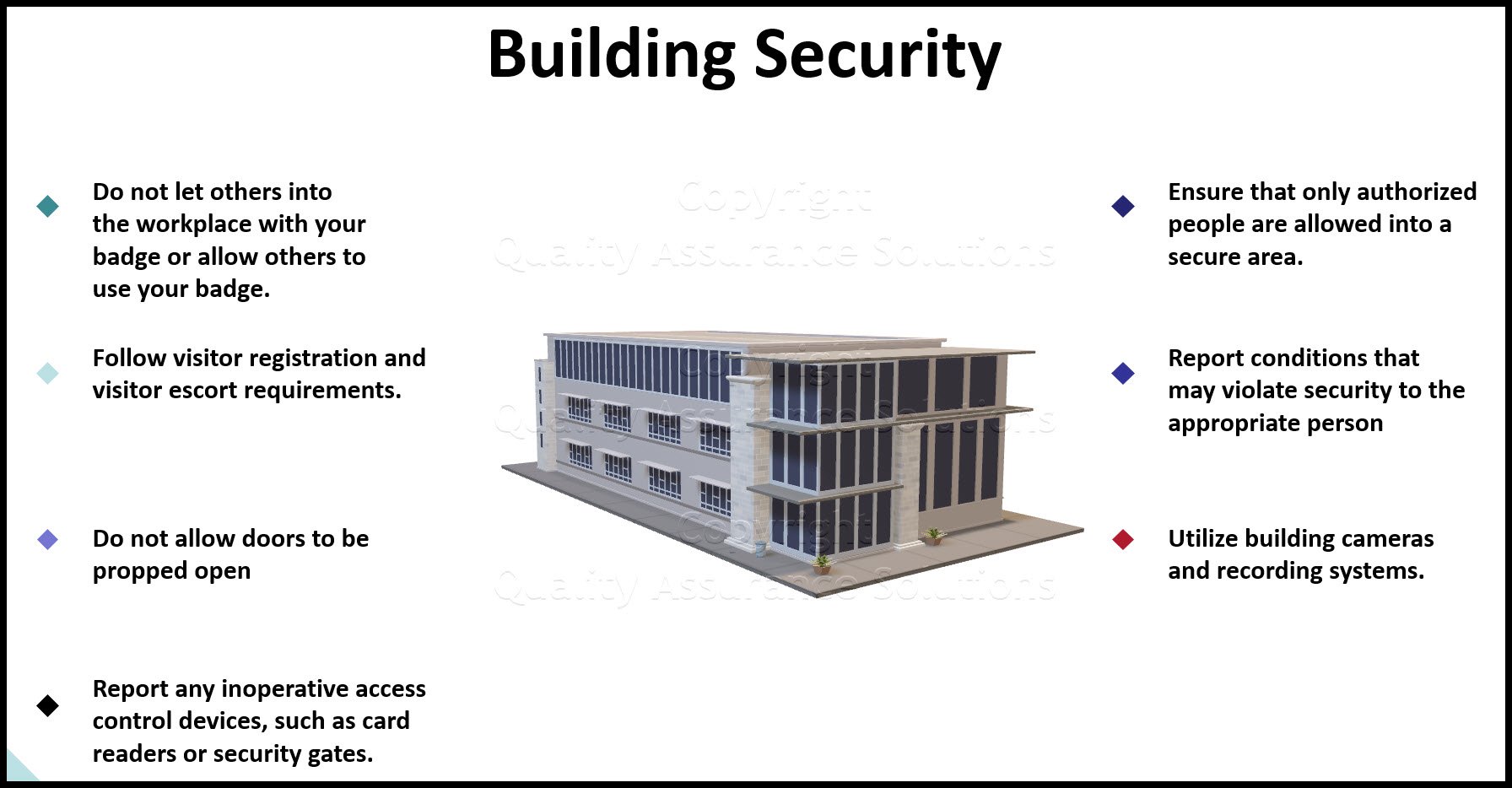 Review this building security checklist for a list of do's and don'ts. Use this article to teach your employees about building security and social engineering threats.