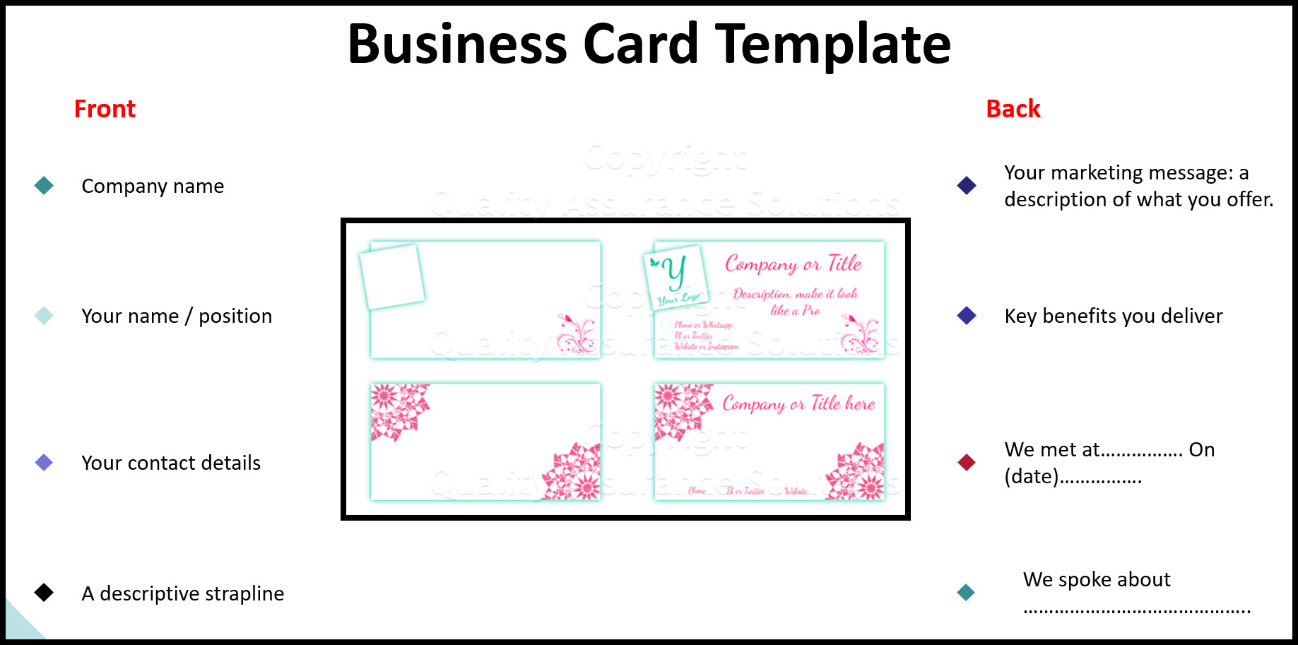 When creating your business card template, think about the content. Make it work for your marketing needs...