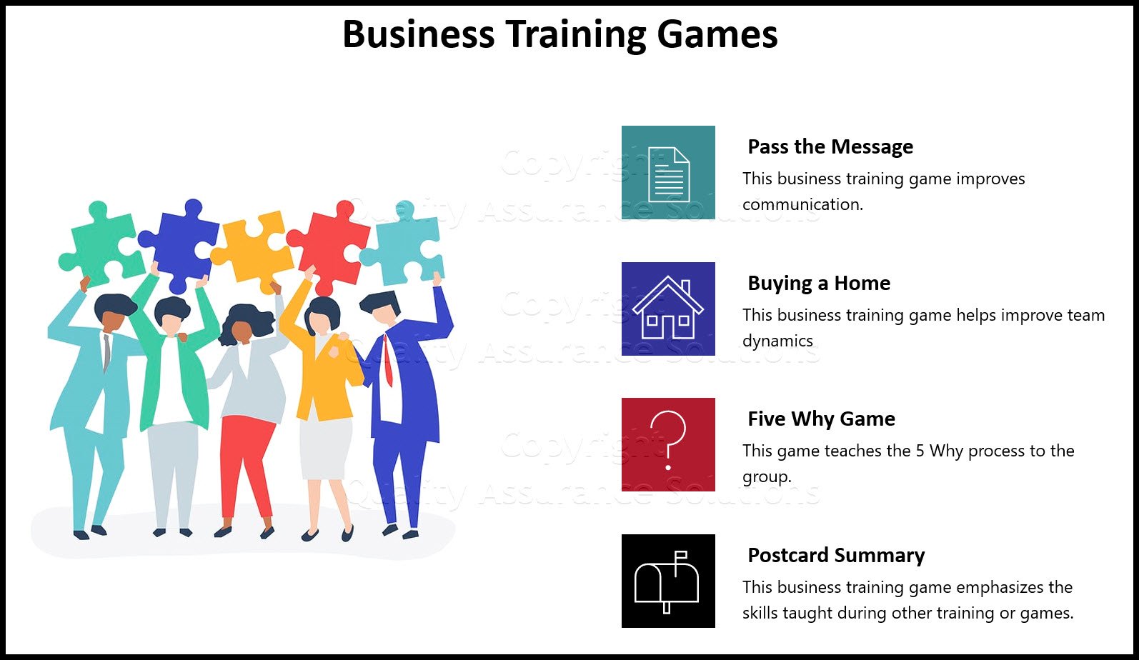Free business training game that you can implement as part of your training program. These games focus on team processes, communication, and root causes.